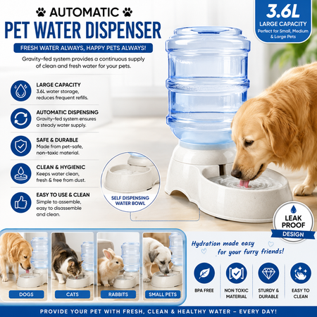 An automatic pet water dispenser infographic featuring a large capacity gravity-fed water bottle and bowl. The image includes a golden retriever drinking water on the right, various small animals on the bottom, and multiple feature callouts with icons on a white background.