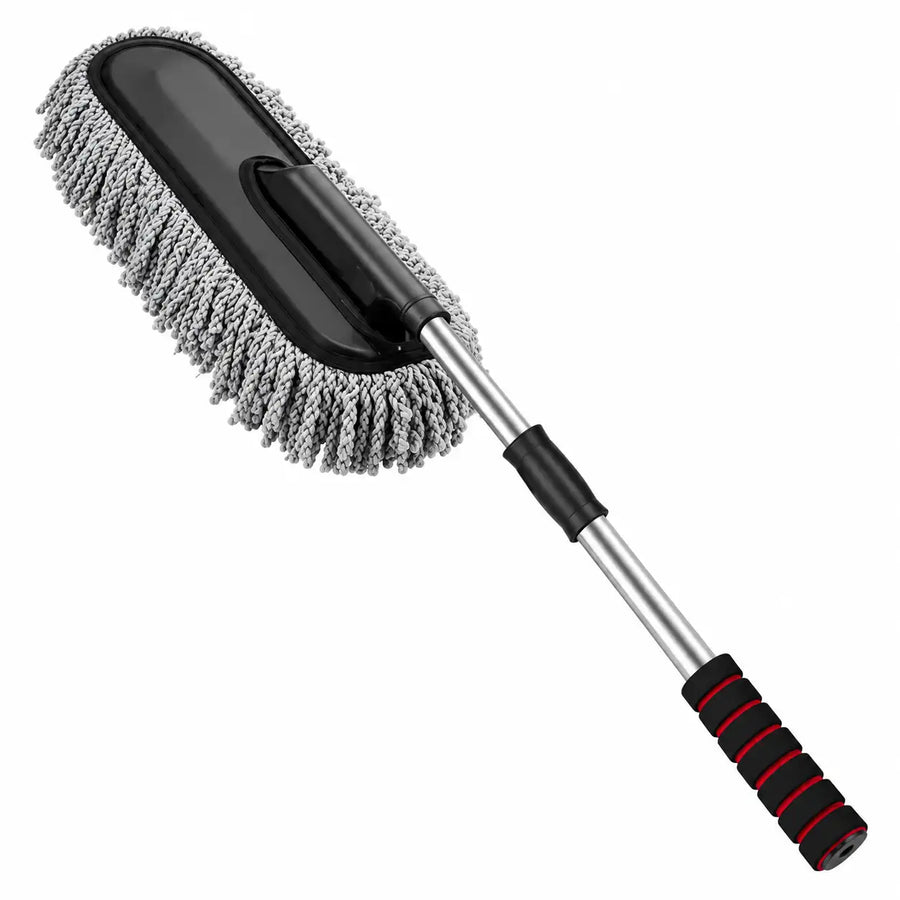 A long-handled microfiber car wash brush with a gray and white textured cleaning head, a black plastic handle attachment, a silver metal shaft, and a black grip with red accent lines on the handle, shown on a plain white background.
