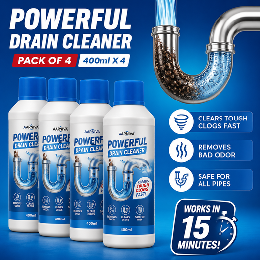 Pack of 4 Aarniva Powerful Drain Cleaner bottles with a U-shaped drain illustration on a blue background.