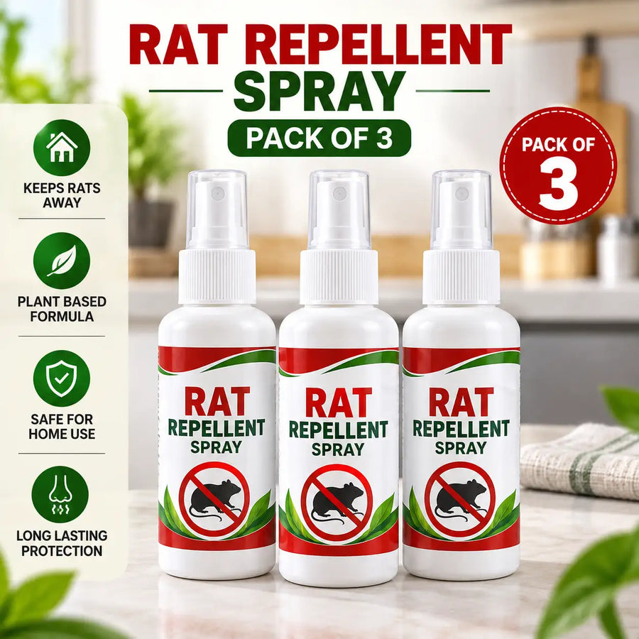 Three bottles of Rat Repellent Spray displayed together on a kitchen countertop, with promotional text reading 'RAT REPELLENT SPRAY PACK OF 3' and feature icons on the left. The bottles are white with red and green labels and spray tops.