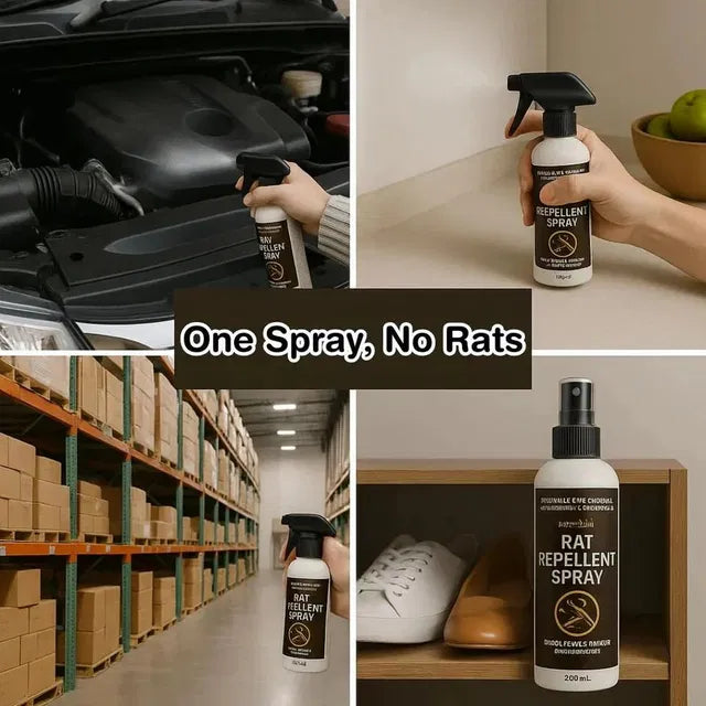 Collage of rat repellent spray being used in various settings, including under a car, on shelves, and around shoes.