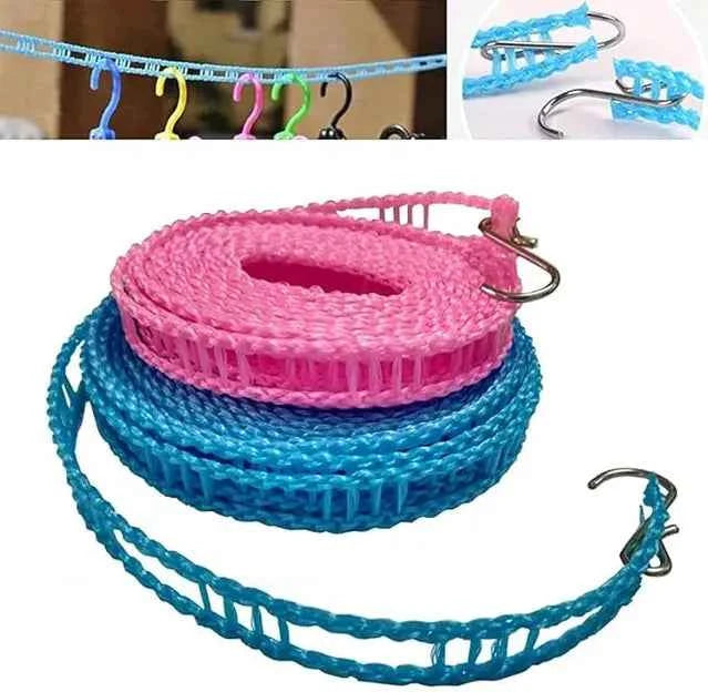 Windproof Anti-Slip Clothes Washing Line Drying Nylon Rope with Hooks/Nylon Clothesline - 5 Meter