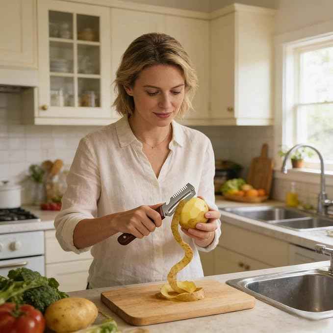Woman peeling a potato in a kitchen