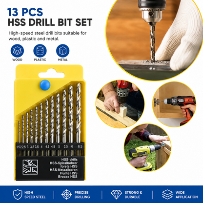 13-piece HSS drill bit set with packaging, drilling into wood, plastic, and metal, and applications on a white background.