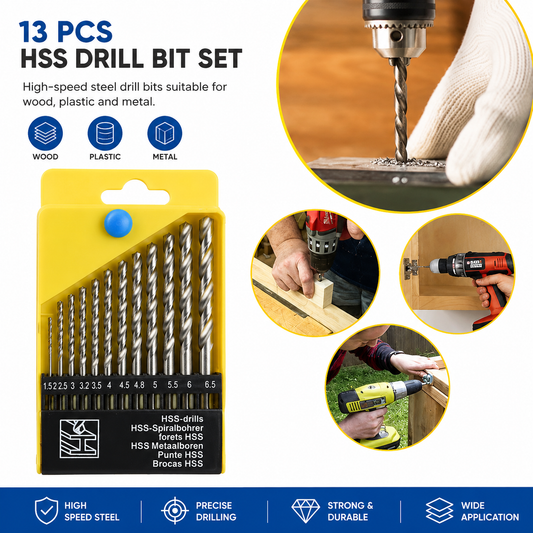 13-piece HSS drill bit set with packaging, drilling into wood, plastic, and metal, and applications on a white background.