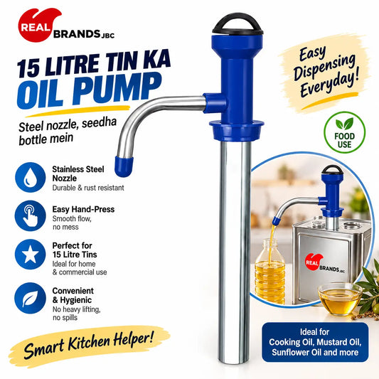 A 15 litre tin oil pump with a blue handle and stainless steel nozzle, shown on a white background with promotional text and feature callouts. The pump is branded REAL BRANDS.