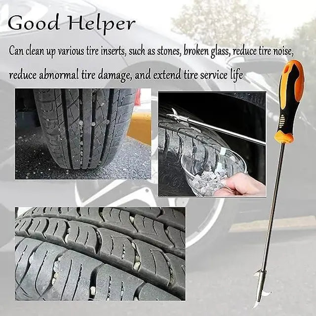 Screwdriver tool for cleaning tire inserts with text on its benefits.
