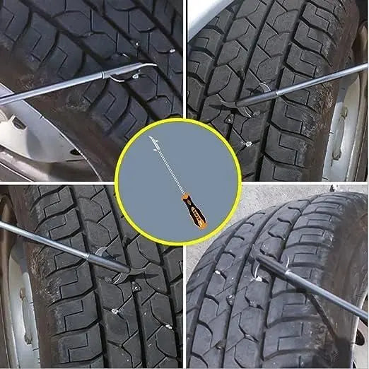 Collage of tire repair process with a screwdriver and metal tool on a tire tread.