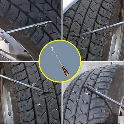 Collage of tire repair process with a screwdriver and metal tool on a tire tread.