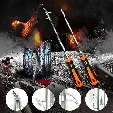 Two screwdrivers with different tips on a dramatic background with flames and a tire.