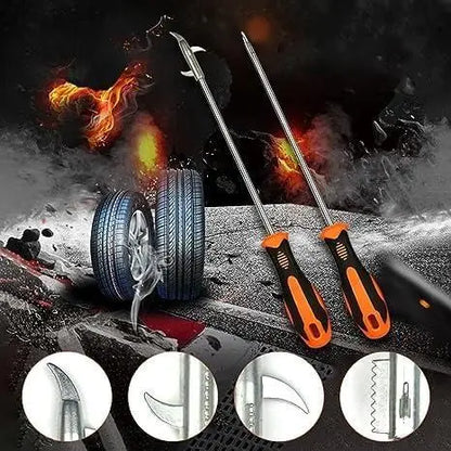 Two screwdrivers with different tips on a dramatic background with flames and a tire.