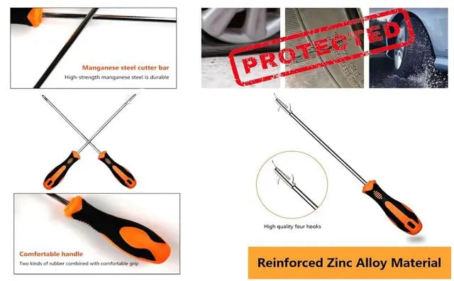 Screwdriver with text highlighting features like manganese steel cutter bar, reinforced zinc alloy material, and comfortable handle.