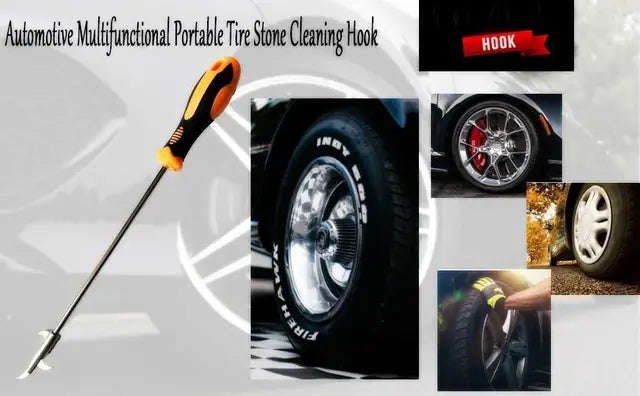 An automotive multifunctional portable tire stone cleaning hook tool with a long black metal shaft and an orange-and-black handle, shown alongside several inset photos of tires and wheel detailing.