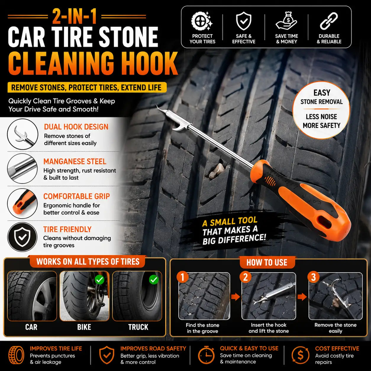 An infographic-style product listing image for a car tire stone cleaning hook. The image features a large tire background, a bright orange and black dual-hook tool placed diagonally across it, and multiple text callouts explaining benefits such as removing stones, protecting tires, and being easy to use.