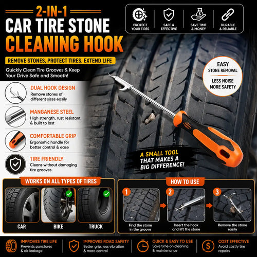 An infographic-style product listing image for a car tire stone cleaning hook. The image features a large tire background, a bright orange and black dual-hook tool placed diagonally across it, and multiple text callouts explaining benefits such as removing stones, protecting tires, and being easy to use.