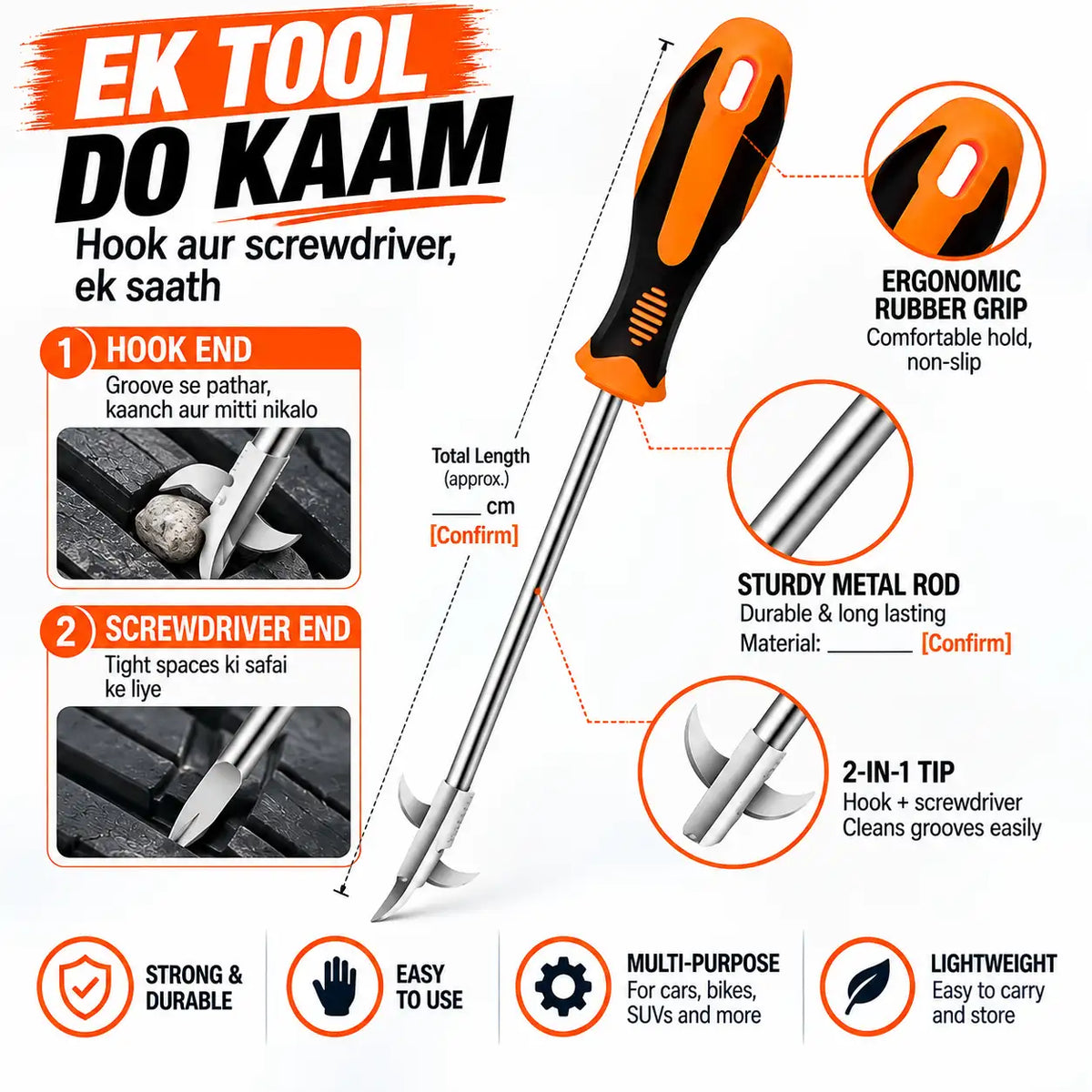 EK TOOL DO KAAM hook screwdriver with an ergonomic orange and black handle, detailed product infographic showing features, dimensions, and usage tips.