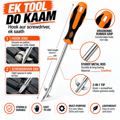 EK TOOL DO KAAM hook screwdriver with an ergonomic orange and black handle, detailed product infographic showing features, dimensions, and usage tips.