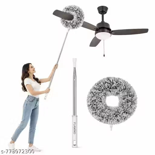 A woman uses a long-handled ceiling fan duster with a fluffy gray brush head to clean a black ceiling fan. The image also shows the duster handle and a close-up of the circular fluffy brush head on a white background.