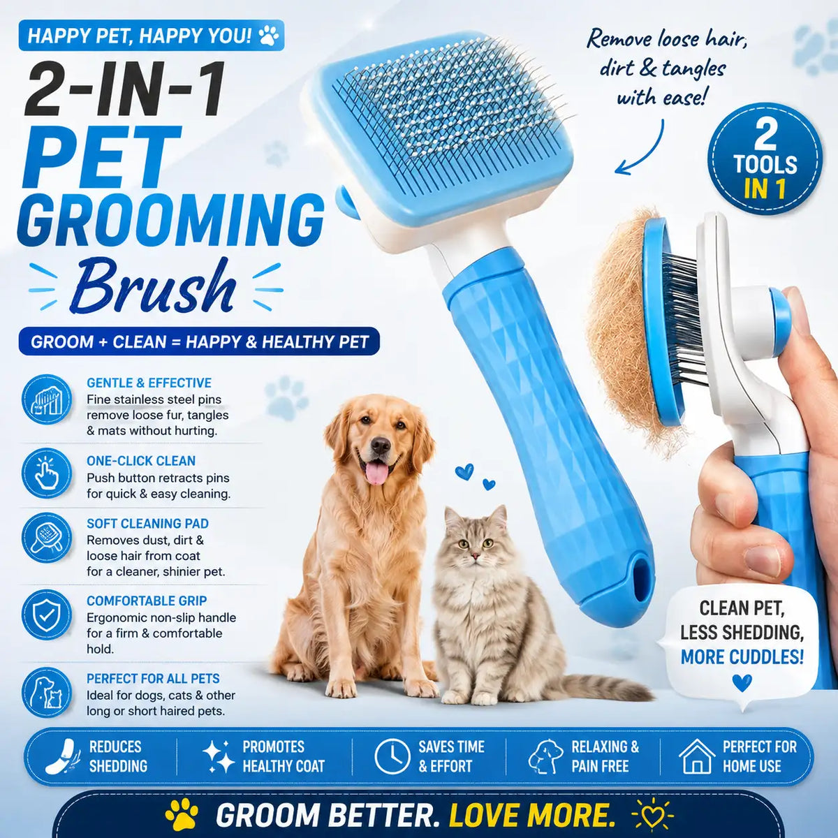 A 2-in-1 pet grooming brush shown on a white background with promotional text, icons, a dog, and a human hand demonstrating use. The brush is blue and white with metal bristles, and the image highlights two tools in one unit.
