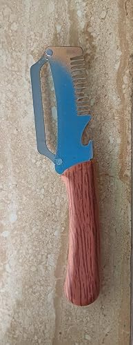 A manual grooming scraper with a blue metal blade and a reddish-brown wooden handle, shown against a textured beige stone background.