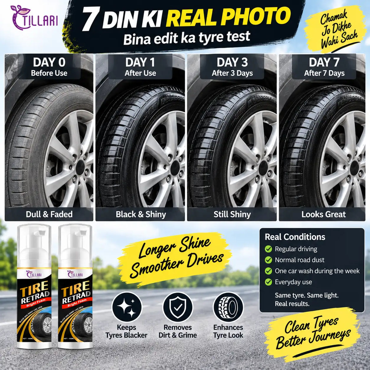 A promotional graphic for Tillari Tire Retread showing four comparison panels of a tire from Day 0 to Day 7, with text claiming it restores tire life like a real photo edit. Below the panels are two cans of the tire retread product on a road background, plus feature icons and a 'Real Conditions' callout.