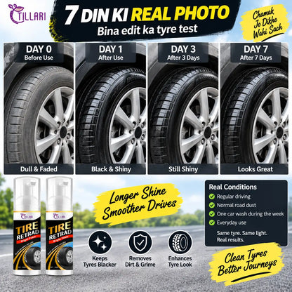 A promotional graphic for Tillari Tire Retread showing four comparison panels of a tire from Day 0 to Day 7, with text claiming it restores tire life like a real photo edit. Below the panels are two cans of the tire retread product on a road background, plus feature icons and a 'Real Conditions' callout.