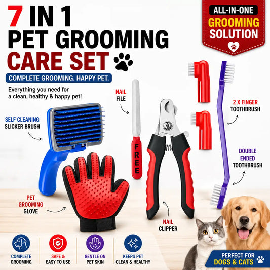 A 7-in-1 pet grooming care set displayed on a white background with text labels and small pet photos. The set includes a blue-and-red self-cleaning slicker brush, a red-and-black pet grooming glove, a nail file, nail clipper, two red finger toothbrushes, and a purple double-ended toothbrush.