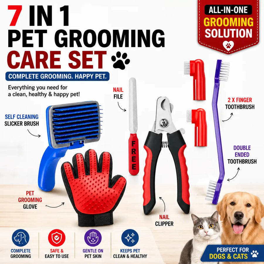 A 7-in-1 pet grooming care set displayed on a white background with text labels and small pet photos. The set includes a blue-and-red self-cleaning slicker brush, a red-and-black pet grooming glove, a nail file, nail clipper, two red finger toothbrushes, and a purple double-ended toothbrush.