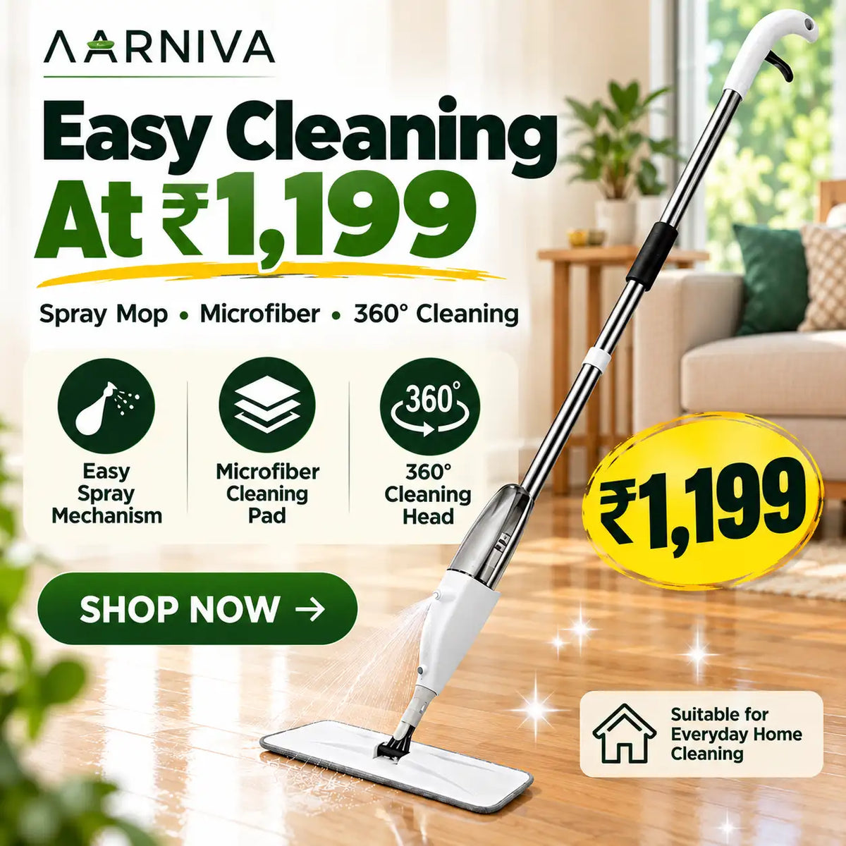 A Narniva steam mop shown in a bright, modern living room setting, cleaning a wooden floor. The ad features promotional text, price details of ₥1,199, feature icons, and a 'SHOP NOW' button.