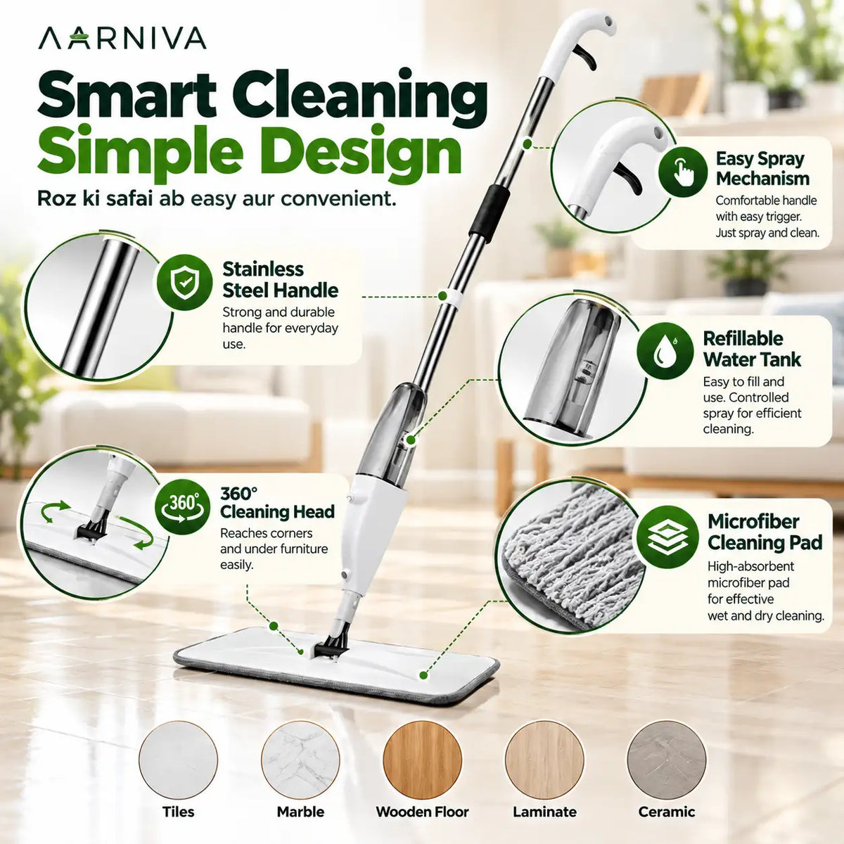 A Narniva smart floor mop and cleaner shown on a light wood floor with callout circles highlighting features such as a stainless steel handle, refillable water tank, 360-degree cleaning head, and microfiber cleaning pad. The image includes text in English and Pashto describing the product's design and benefits.