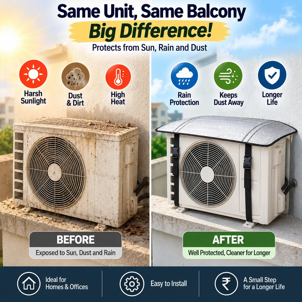 A promotional comparison graphic showing an outdoor air conditioning outdoor unit labeled 'BEFORE' on the left and 'AFTER' on the right, with icons and text highlighting protection from harsh sunlight, dust, dirt, rain, and longer life. The top headline reads 'Same Unit, Same Balcony Big Difference!'.