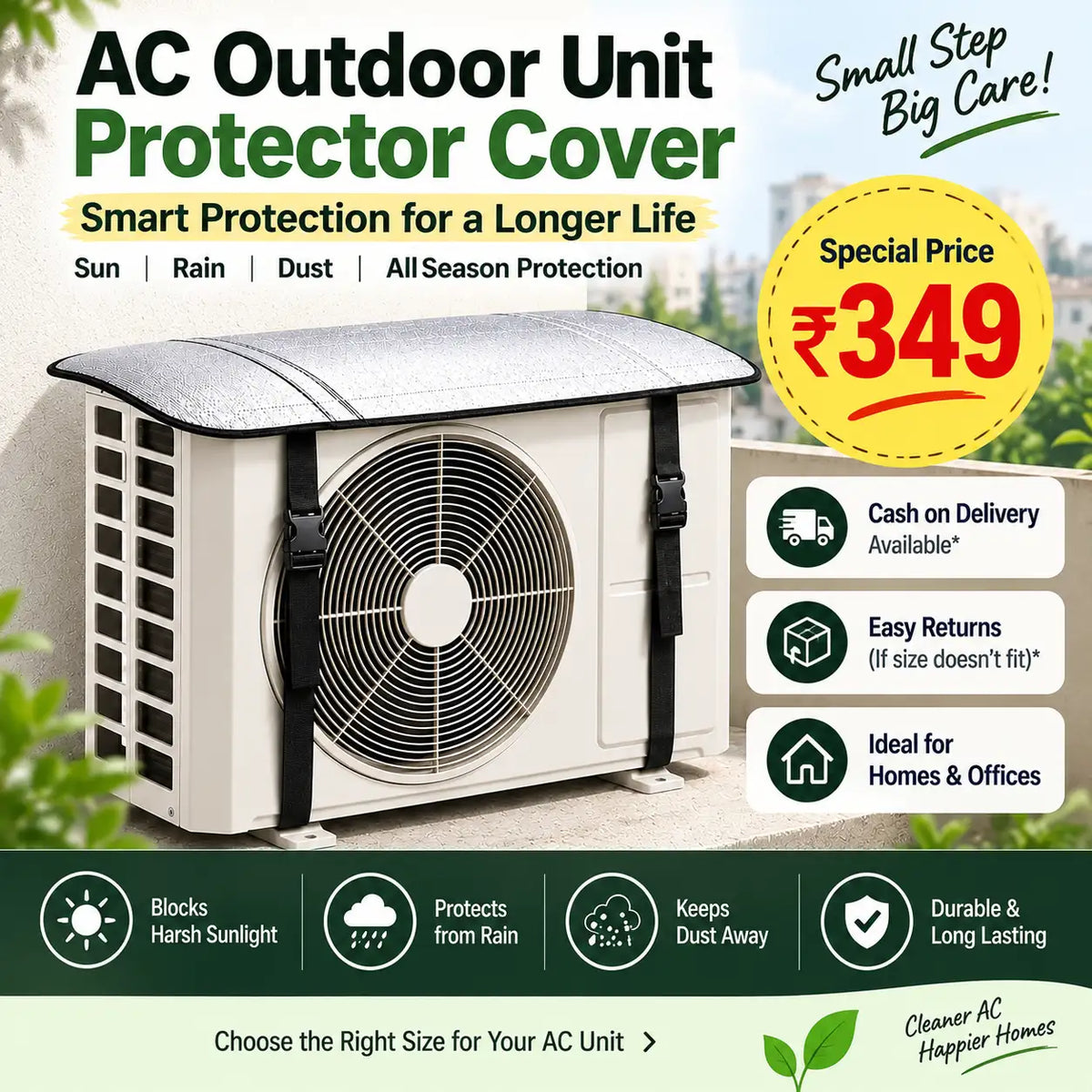 AC Outdoor Unit Protector Cover shown draped over a rooftop air conditioner outdoor unit, with promotional text, price ₹349, and feature icons on a green and white background.