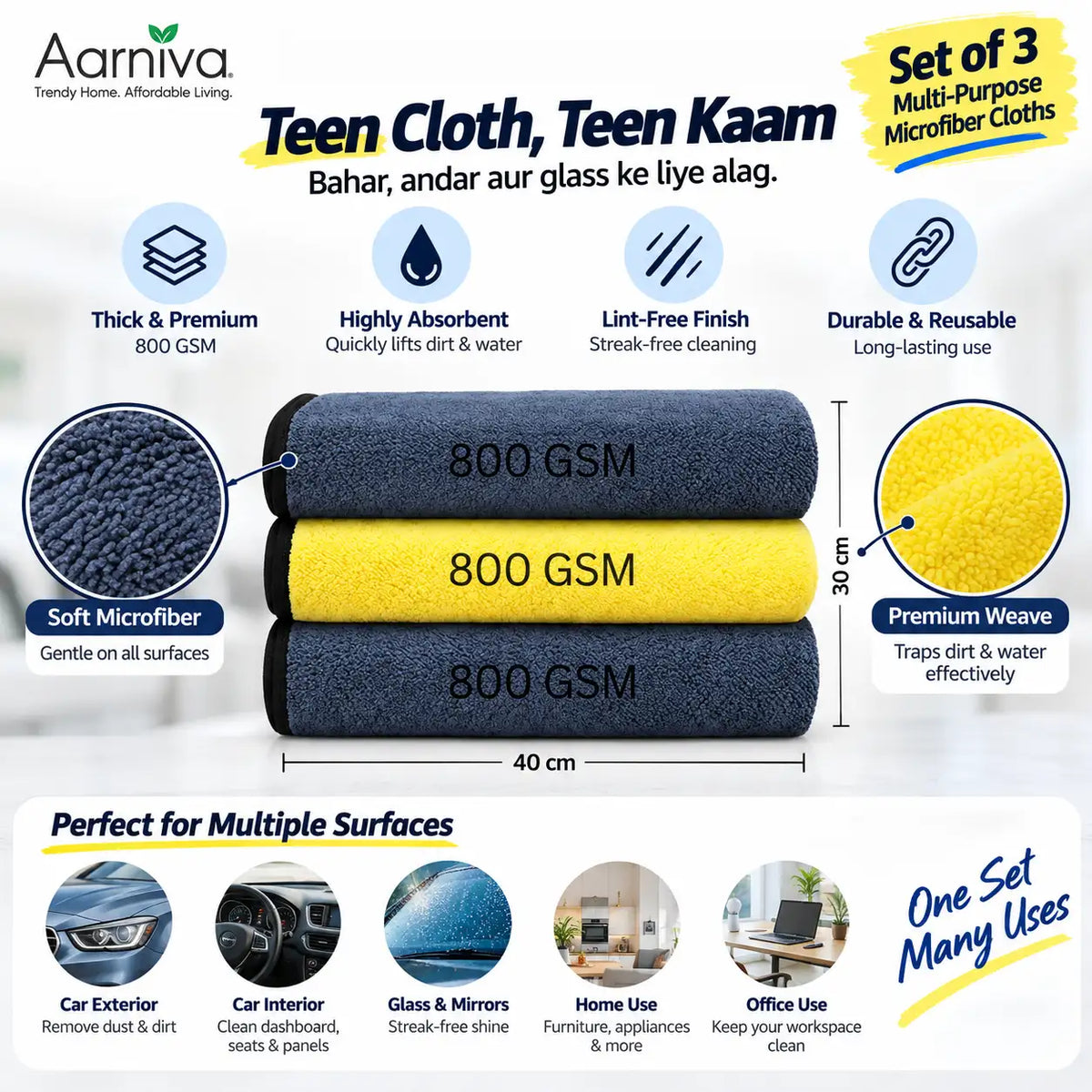 A promotional graphic for a set of three microfiber cloths from Aarniva Teen Cloth, Teen Kaam. The image features three rolls of microfiber cloths in navy blue, yellow, and dark gray, labeled with '800 GSM'.