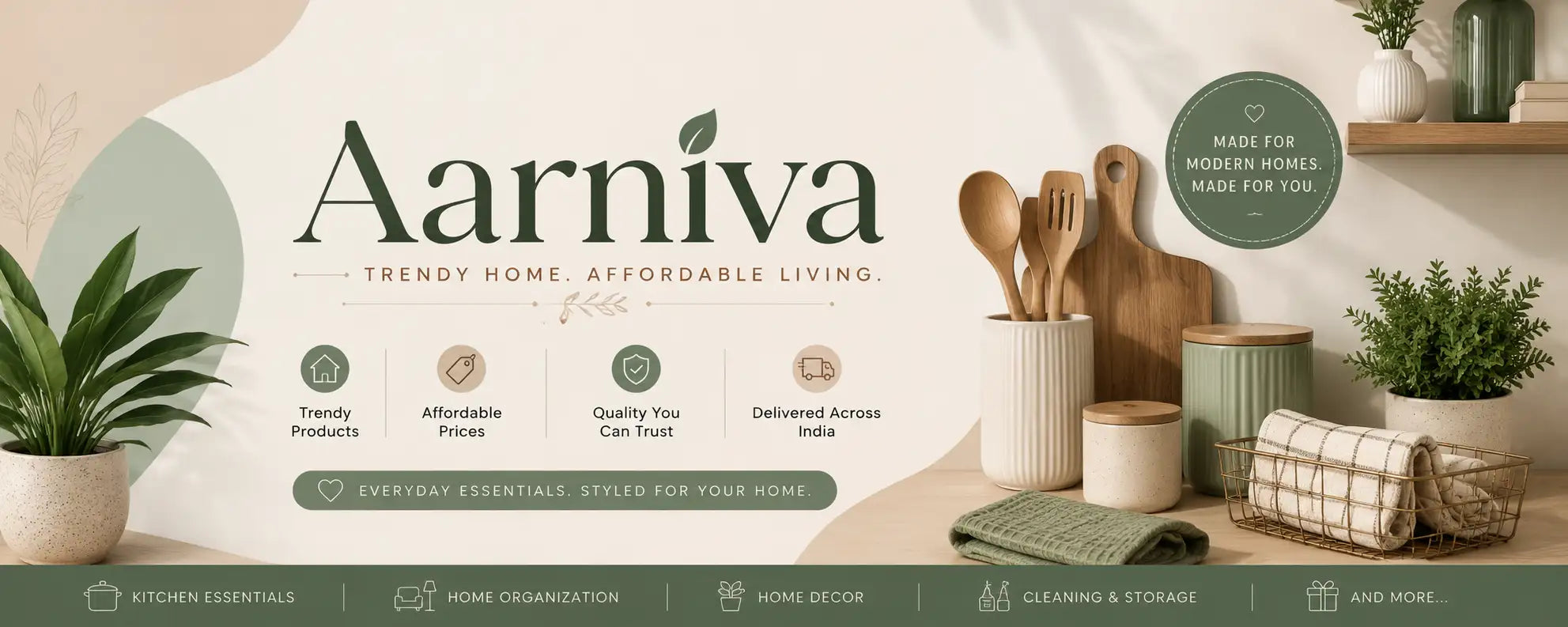 A promotional banner for 'Aarniva' featuring a styled kitchen and dining area with wooden utensils, ceramic canisters, a rolled towel, and potted plants. The banner includes text such as 'Trendy Home, Affordable Living' and icons for key features like 'Trendy Products', 'Affordable Prices', and 'Quality You Can Trust'.