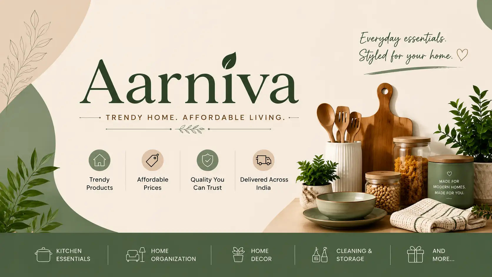 Aarniva brand homepage with kitchen items and branding elements.