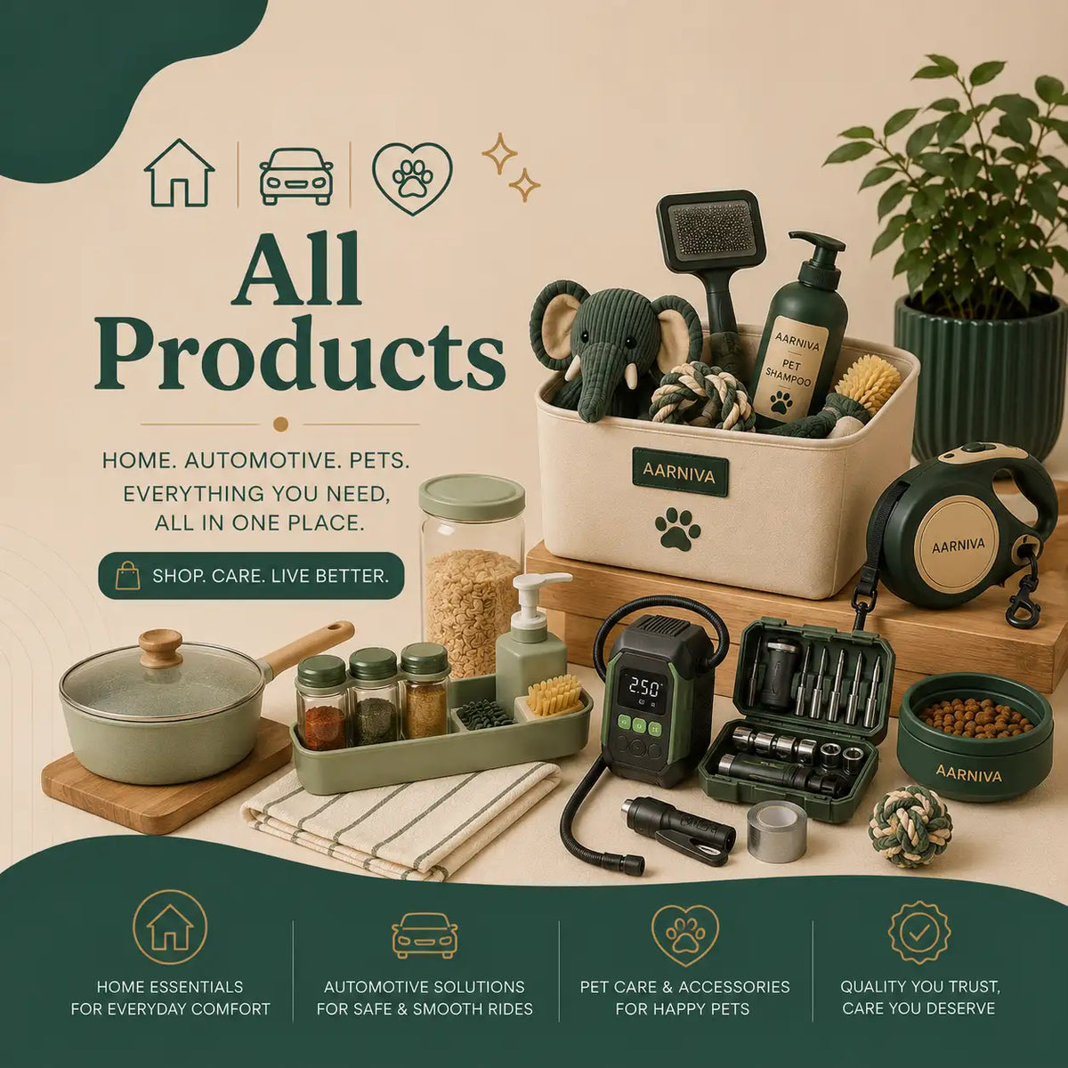 A promotional collage showing multiple pet and home care products arranged together on a beige background with decorative text. Visible items include a cream storage basket labeled AARNIVA, a dark green pet brush and grooming tools, a green pet shampoo bottle, a green pet toy, a green pet bowl, a green pet collar, a small green plant in a pot, a green storage jar with grains, a green soap dispenser, a green tray with brushes and pads, a green pot with a lid, and a green leash.