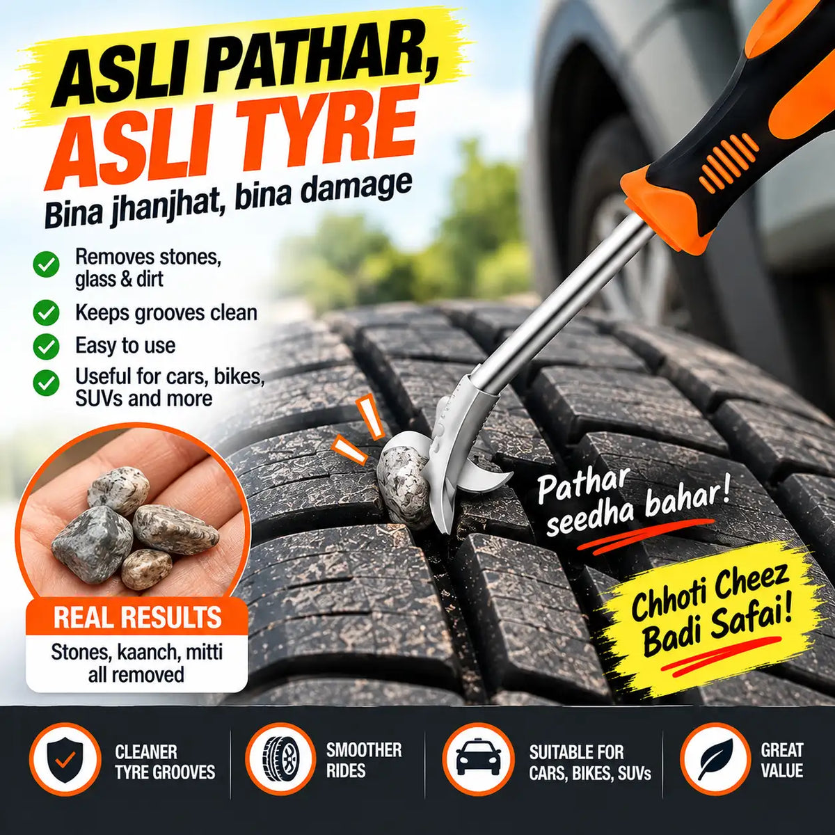 Promotional graphic for a tire stone remover tool. The image shows a close-up of a hand using a black and orange tool to remove a stone from a car tire tread, with text overlays in English and Hindi, a circular inset showing the removed stones, and feature icons at the bottom.