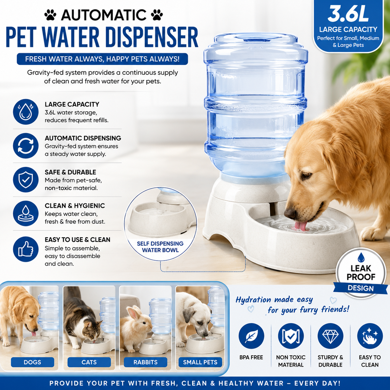 An automatic pet water dispenser infographic featuring a large capacity gravity-fed water bottle and bowl. The image includes a golden retriever drinking water on the right, various small animals on the bottom, and multiple feature callouts with icons on a white background.