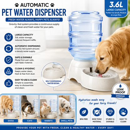 An automatic pet water dispenser infographic featuring a large capacity gravity-fed water bottle and bowl. The image includes a golden retriever drinking water on the right, various small animals on the bottom, and multiple feature callouts with icons on a white background.