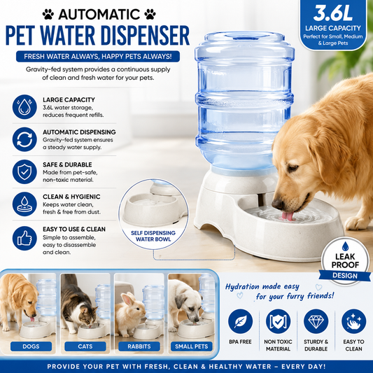 An automatic pet water dispenser infographic featuring a large capacity gravity-fed water bottle and bowl. The image includes a golden retriever drinking water on the right, various small animals on the bottom, and multiple feature callouts with icons on a white background.