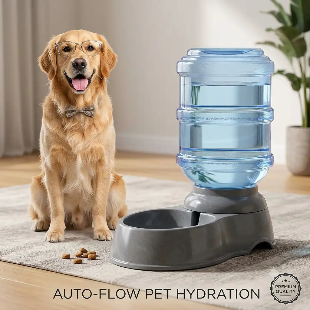 A golden retriever dog wearing glasses and a bow tie sits beside an automatic pet water dispenser with a large blue water bottle and gray bowl. The scene is set in a softly lit indoor room with a rug, floor, and potted plant in the background.