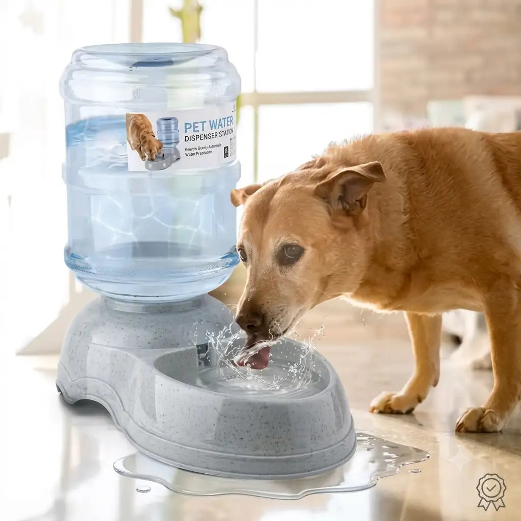 A golden retriever dog drinking from a gray automatic pet water dispenser with a large water reservoir, set on a glossy floor with water puddles nearby.