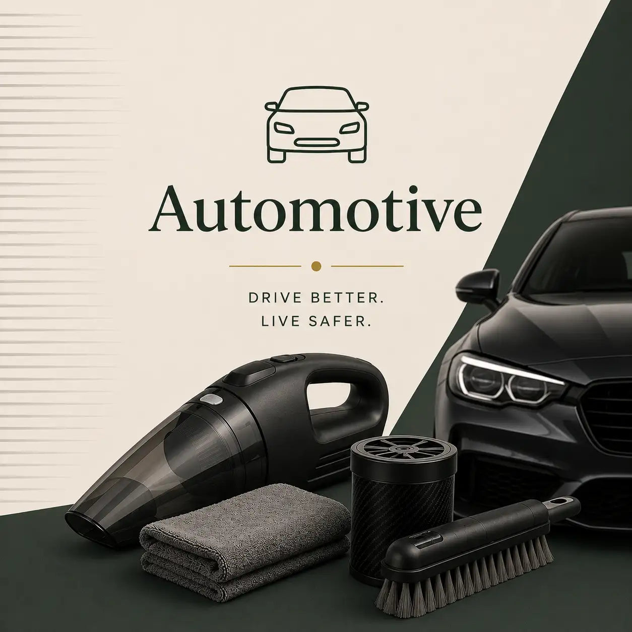 Automotive care products including a vacuum cleaner, towel, and brush with a car in the background.