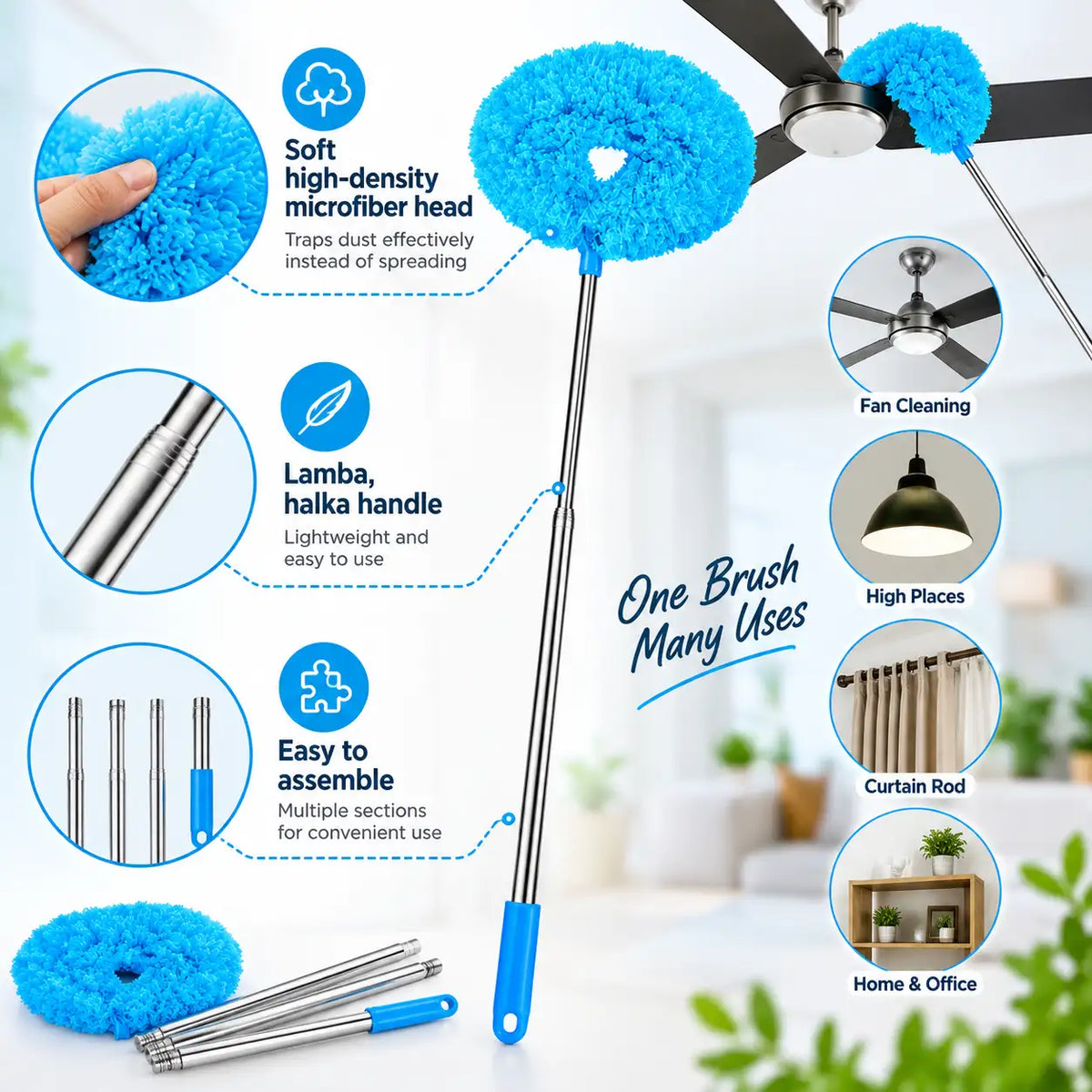 Extendable ceiling fan duster with a blue microfiber brush head, long silver handle, and blue grip, shown on a white background with feature callouts and usage examples including ceiling fan, lamp, curtains, and office surfaces.
