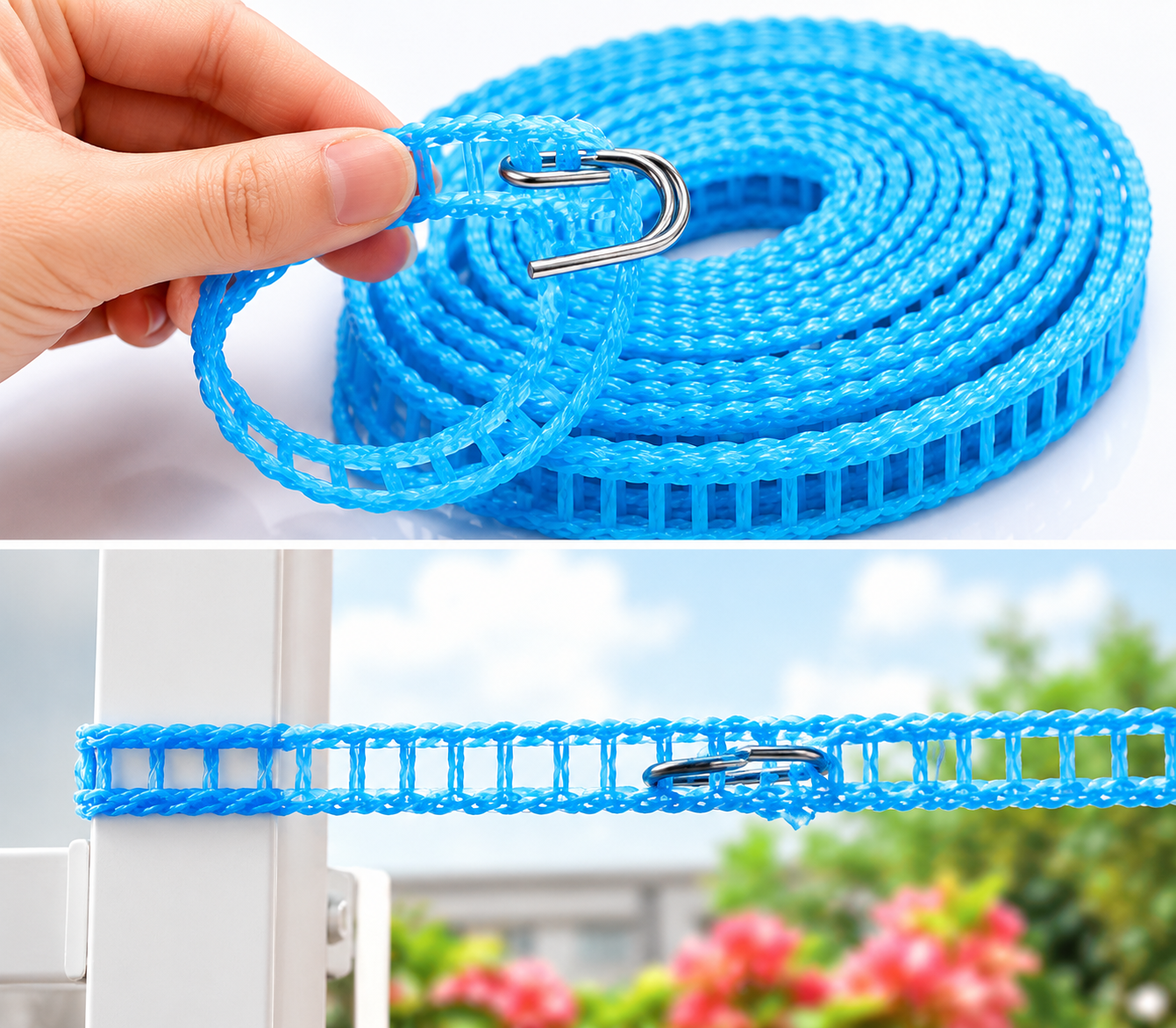 Blue rope with a metal hook held by a hand, followed by a scene of the rope stretched across a window with flowers in the background.