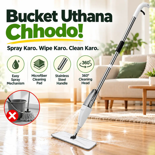 A steam mop with a long silver handle and white cleaning head is shown on a wooden floor in a living room setting. The image includes large text reading 'Bucket Uthana Chhodo!' and feature icons for easy spray mechanism, microfiber cleaning pad, stainless steel handle, and 360-degree cleaning head.