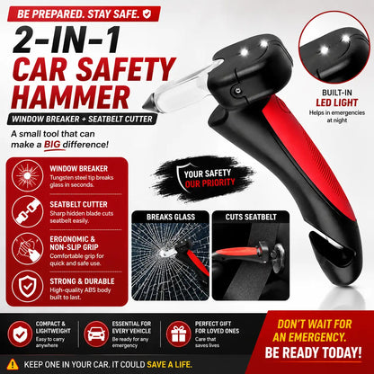 A 2-in-1 car safety hammer tool with a black and red ergonomic design, shown on a white background with promotional text, feature icons, and demonstration images of its window breaker and seatbelt cutter functions.
