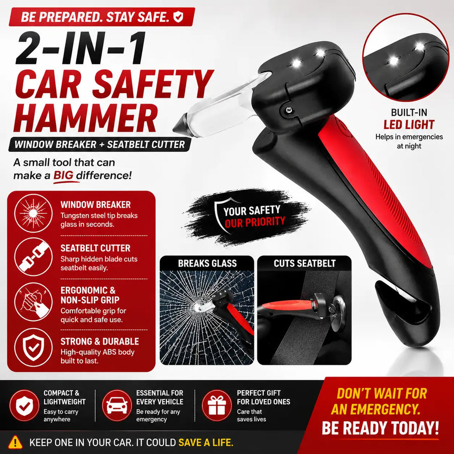 A 2-in-1 car safety hammer tool with a black and red ergonomic design, shown on a white background with promotional text, feature icons, and demonstration images of its window breaker and seatbelt cutter functions.
