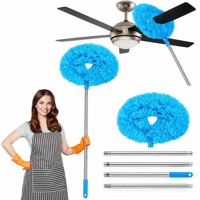 Blue fluffy ceiling fan duster with a long extendable metal handle, shown with a woman in an apron and gloves holding one duster, plus separate head and handle pieces on a white background.