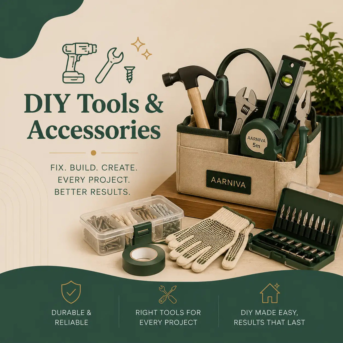 DIY tool and accessory kit arranged on a tabletop, including a beige fabric tool organizer labeled AARNIVA, a hammer, wrenches, screwdriver bits, work gloves, tape, and other hand tools. Decorative text reads 'DIY Tools & Accessories' with supporting copy, and the scene is styled with a plant and dark green graphic accents.